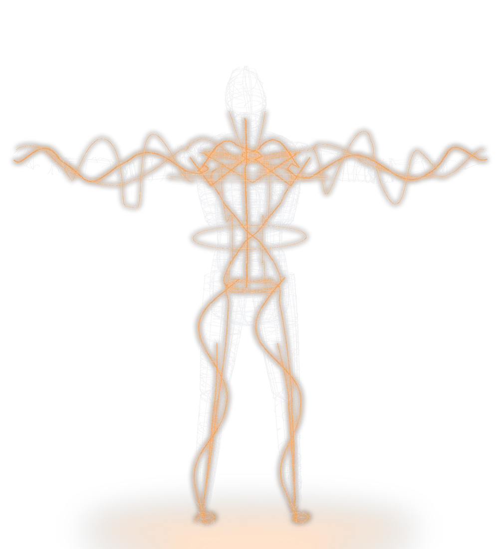 A human figure drawn in fine silver wire, with warm orange energy lines flowing along its muscles.